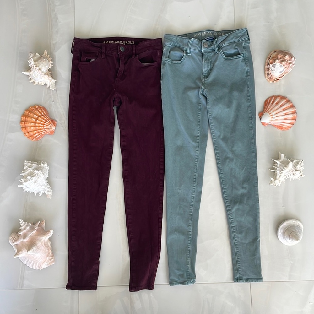 American Eagle Outfitters Lot of 2 Women’s Pants Size 00 Super Stretch Red Blue